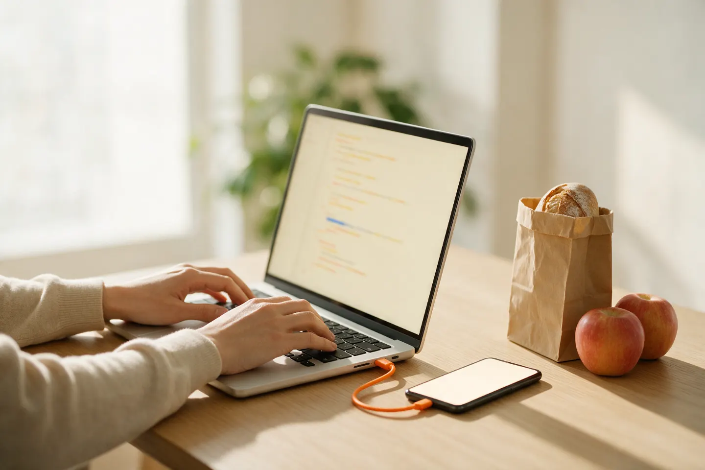 Hände programmieren am Laptop, daneben ein angeschlossenes Smartphone