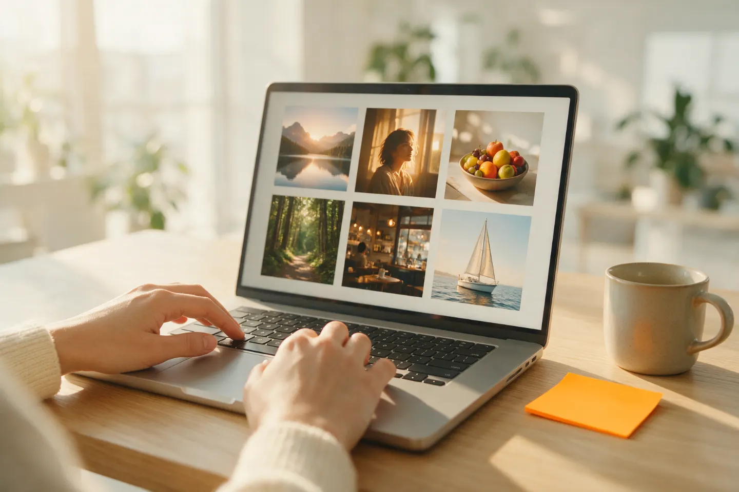 Hände am Laptop, auf dem Bildschirm frisch generierte Fotos