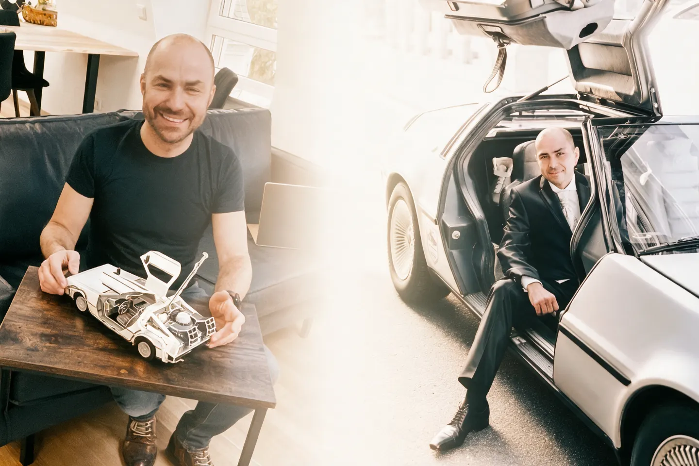 Matthias mit DeLorean-Modell und im echten DeLorean