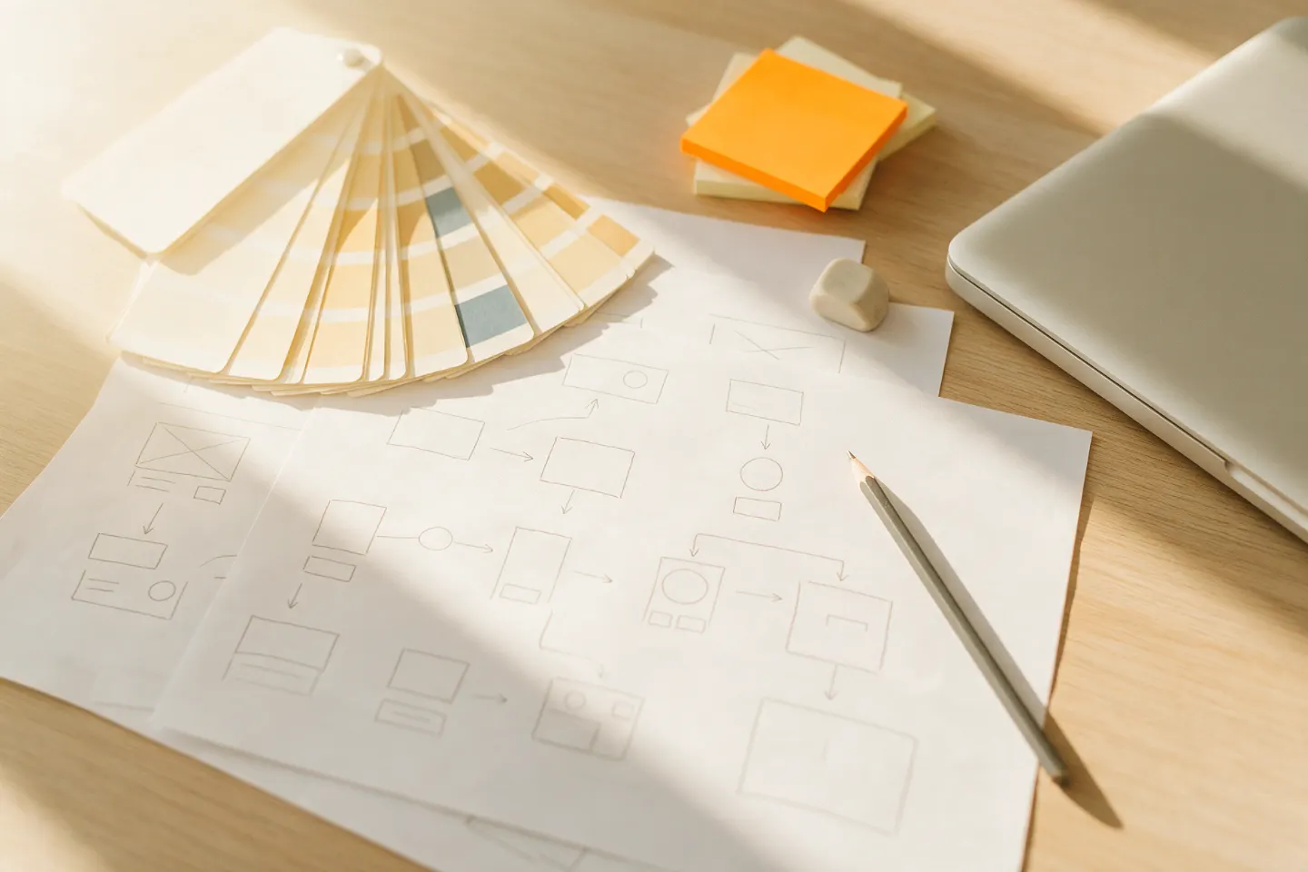 Wireframe-Skizzen, Farbfächer und Post-its auf dem Schreibtisch